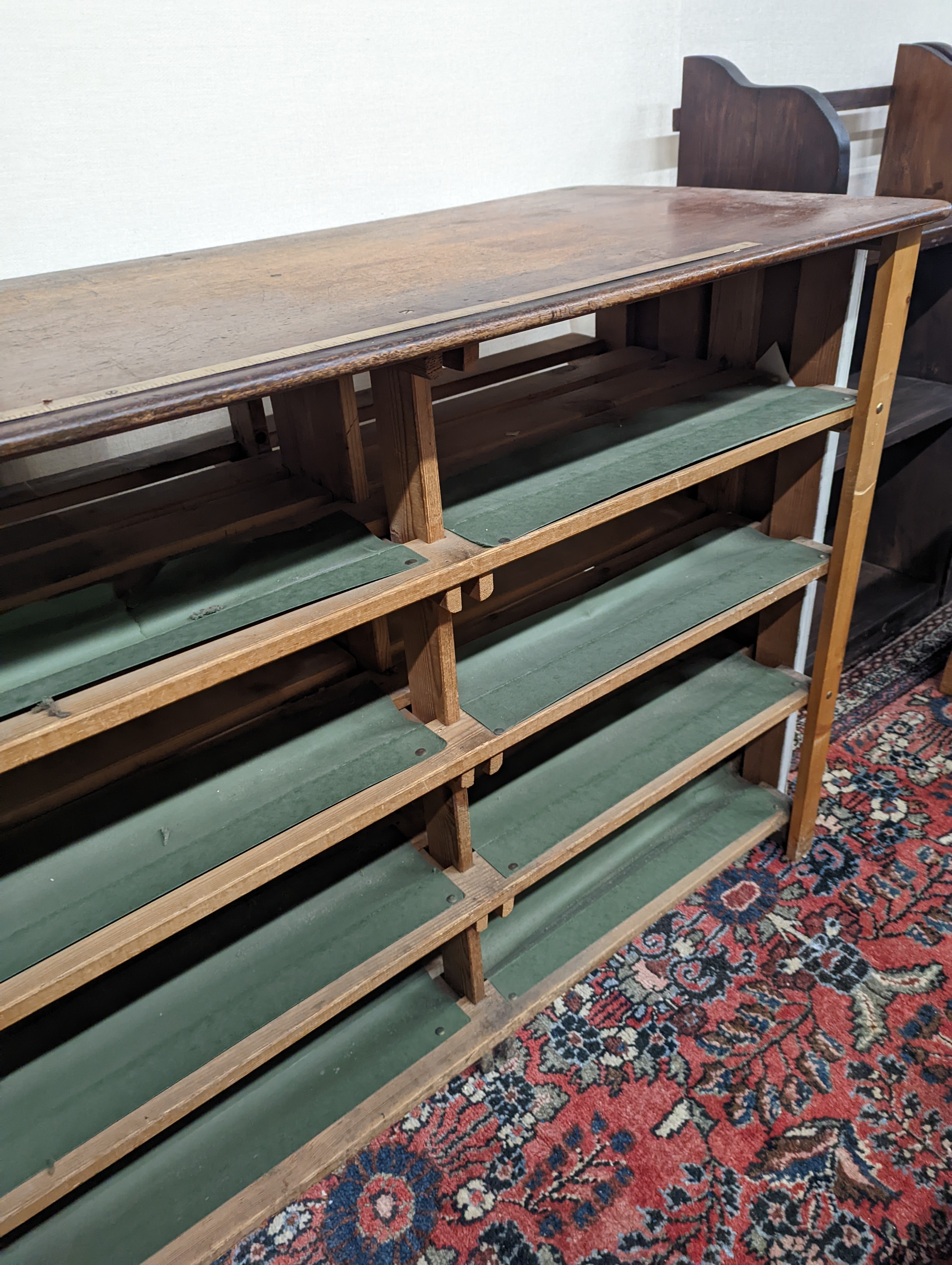 A Victorian and later mahogany and pine haberdashery cabinet, length 190cm, depth 61cm, height 95cm